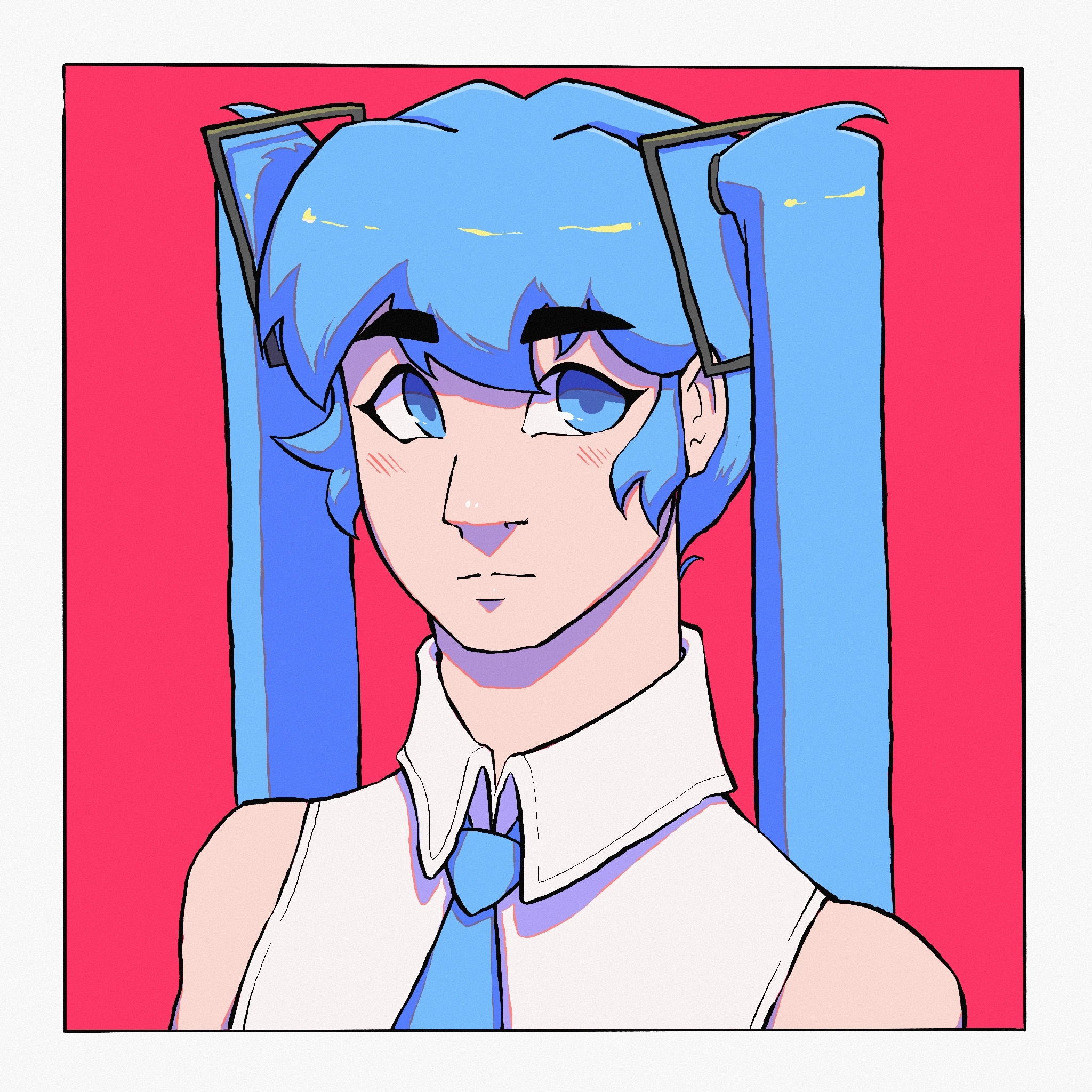 a digital headshot illustration of Hatsune Miku on a pink background.